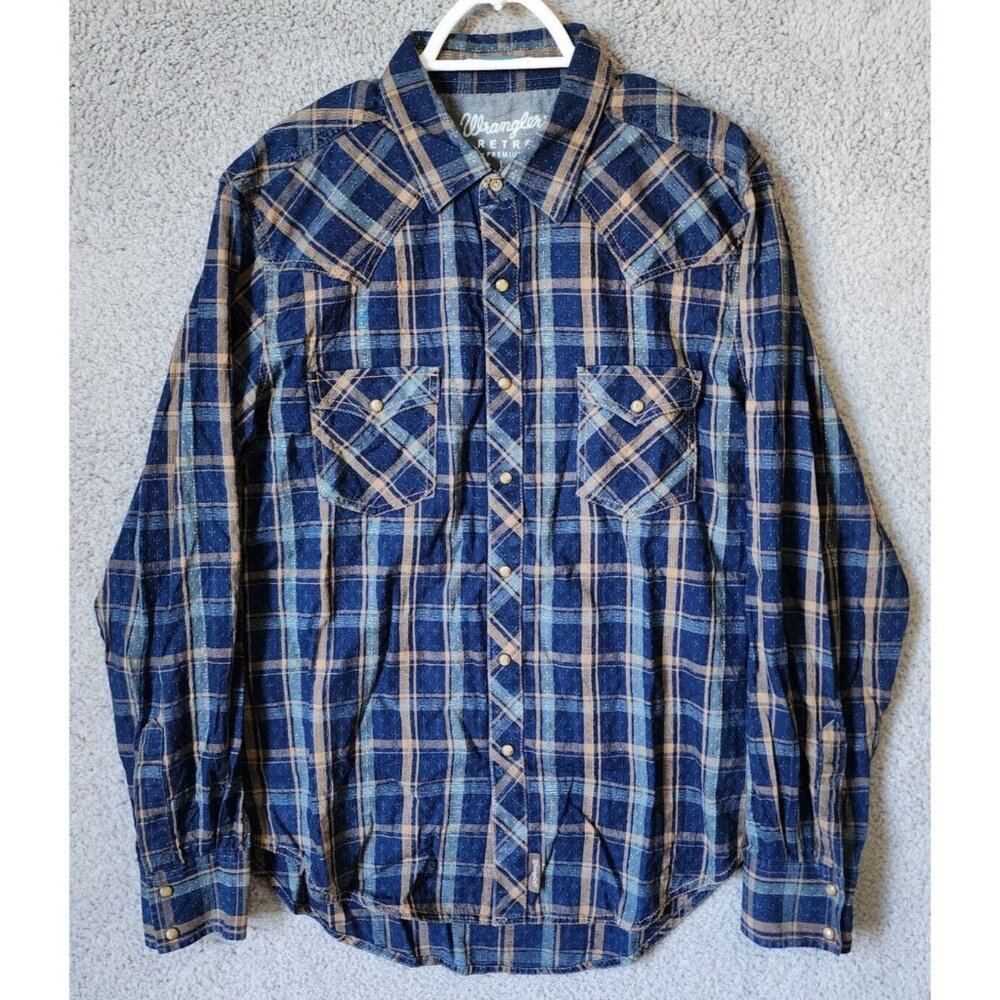 Wrangler Retro Premium Blue Plaid‎ Western Pearl Snap Long Sleeve Shirt Size L